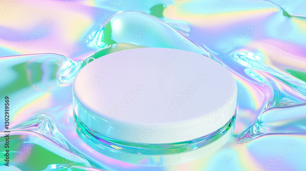 Poster White circular podium on iridescent surface for product display and branding design