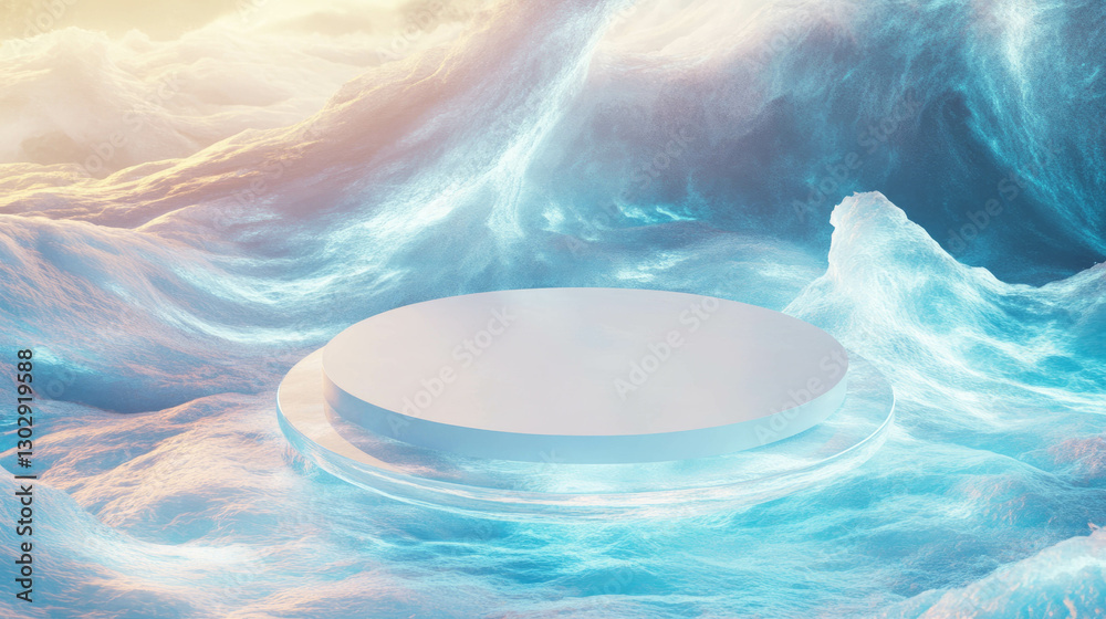 Poster abstract frozen landscape with white circular podium for creative display design