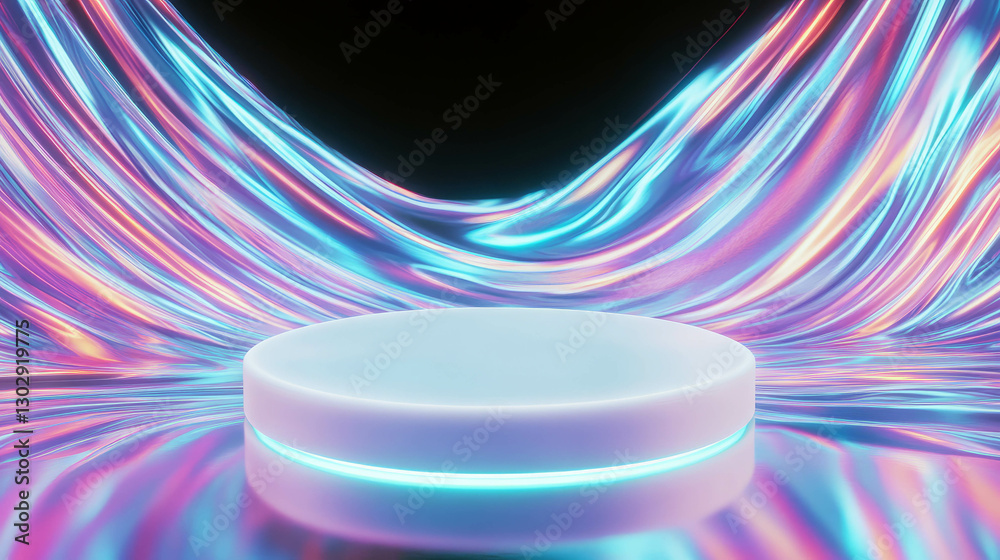 Poster Futuristic circular podium with neon lights for creative design and display concepts