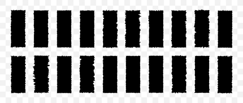 Black rectangle form with jagged edges. Ripped and cutout paper torn strip. Set of Vertical Grunge Frames. Vector illustration isolated on transparent background.