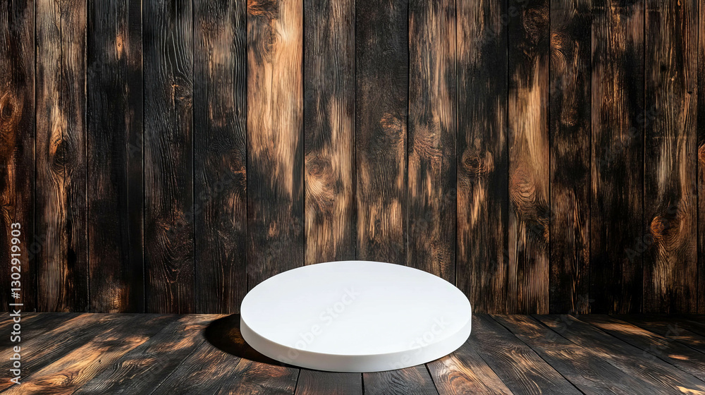 Aufkleber minimalist white circular podium on rustic wooden background for product display
