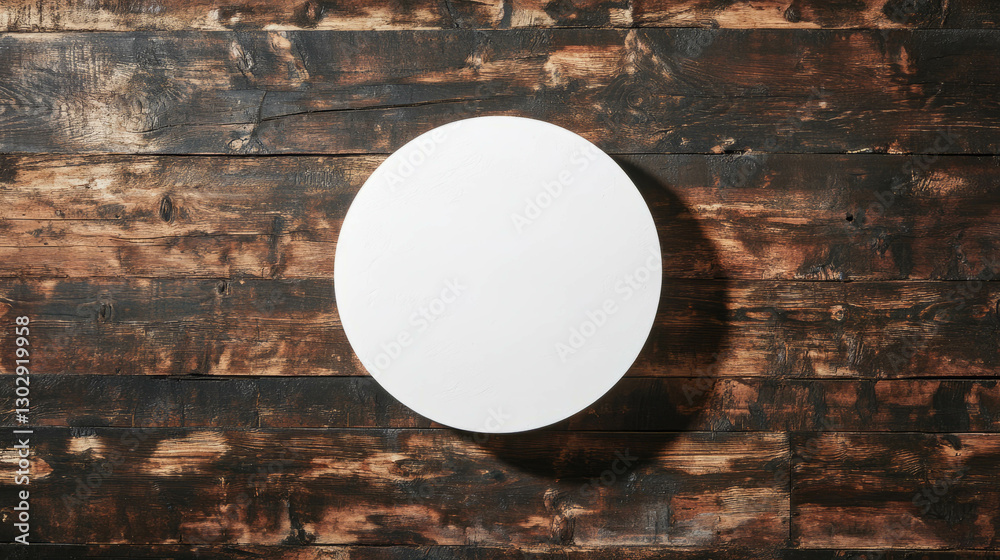 Poster minimalistic white circular podium on rustic wooden background for display and presentation