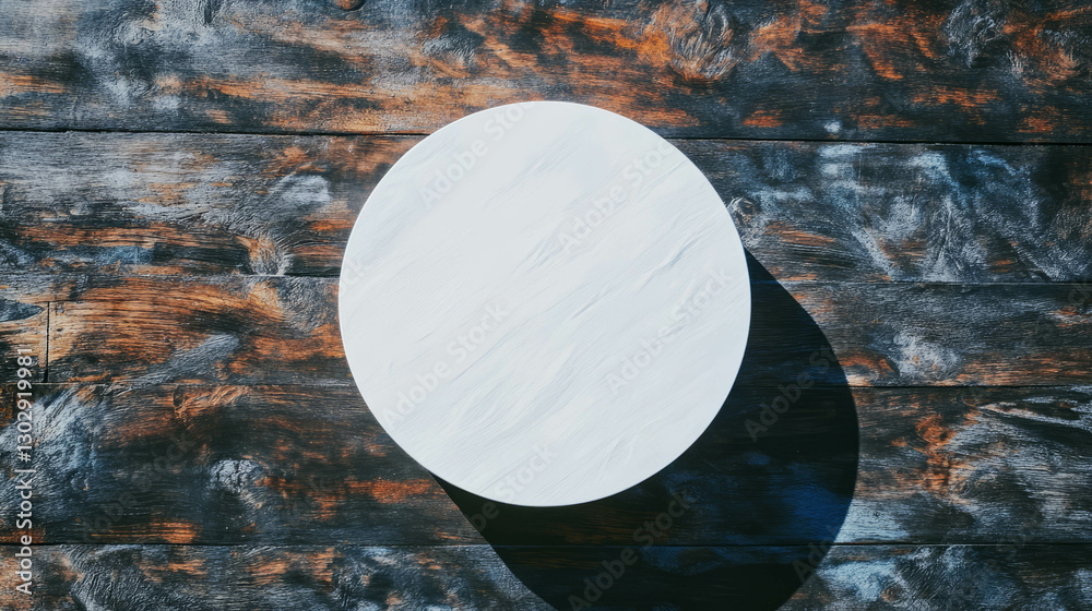 Poster minimalist white circular podium on rustic wooden surface for product display design