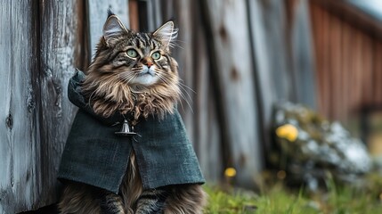 Adventurous cat in signature cloak enchanting country setting nature photography serene environment captivating viewpoint