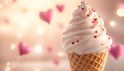 Whimsical ice cream cone surrounded by heart-shaped bokeh in soft light