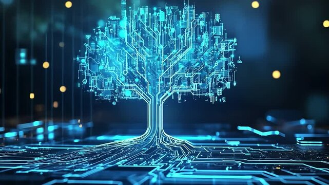 Glowing blue circuit tree representing AI and machine learning, futuristic technology background