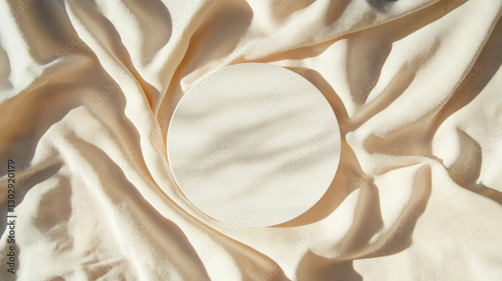 Poster Minimalist circular podium on beige fabric background for display design