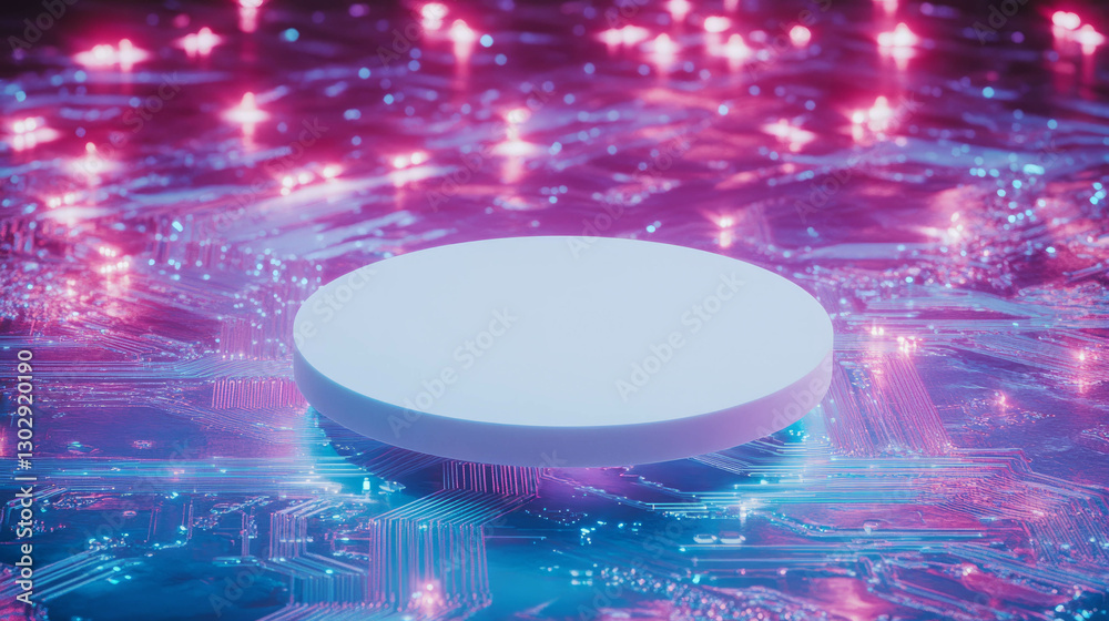 Poster futuristic white circular podium on glowing circuit board for technology display