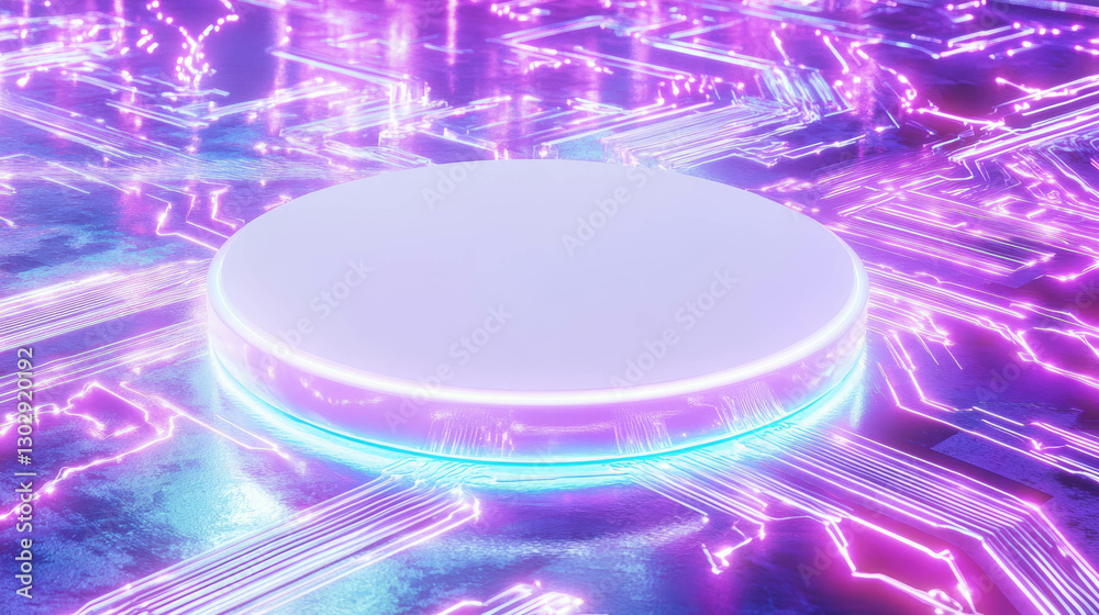 Poster futuristic neon glowing circuitry with white circular podium concept for technology display