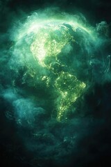 Fototapeta premium A glowing representation of Earth surrounded by ethereal green mist, symbolizing environmental awareness