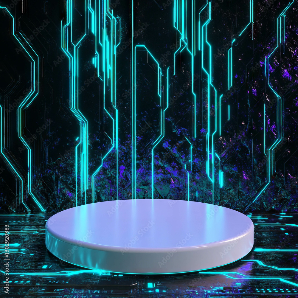 Poster futuristic digital podium with neon glowing circuitry for tech display and presentation