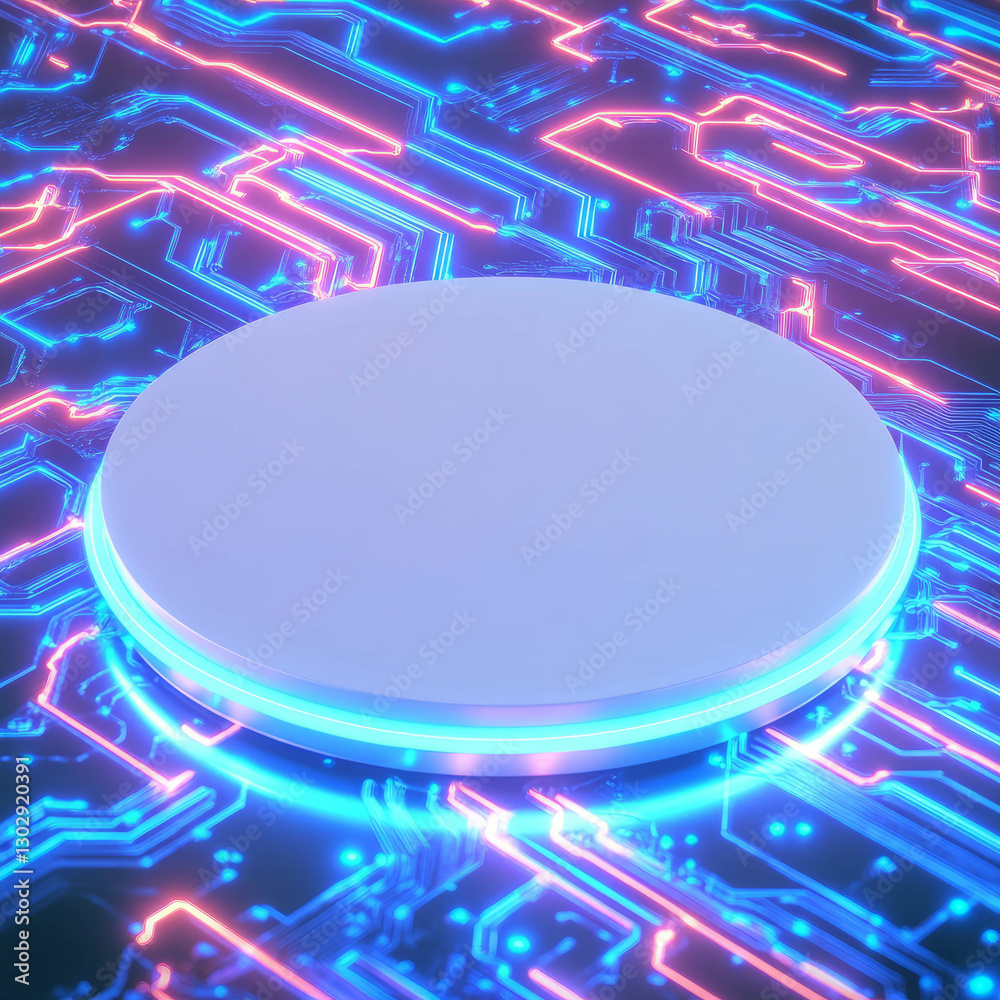 Poster futuristic technology concept with white circular podium on neon circuit board background