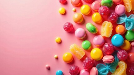 Obraz premium A vibrant collection of colorful sweets and macarons arranged on a pink background, creating a delightful and playful scene.