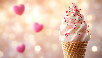 Whimsical ice cream cone surrounded by heart-shaped bokeh in soft light