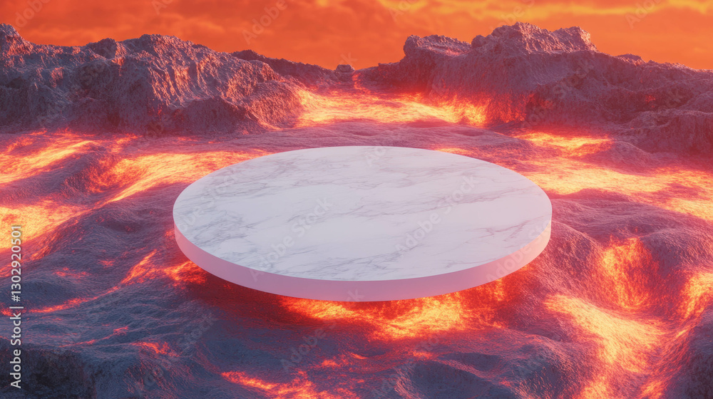 Poster white circular podium on volcanic landscape with fiery lava flow in overhead shot