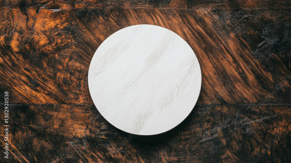 Poster minimalist white circular podium on rustic wood background for product display