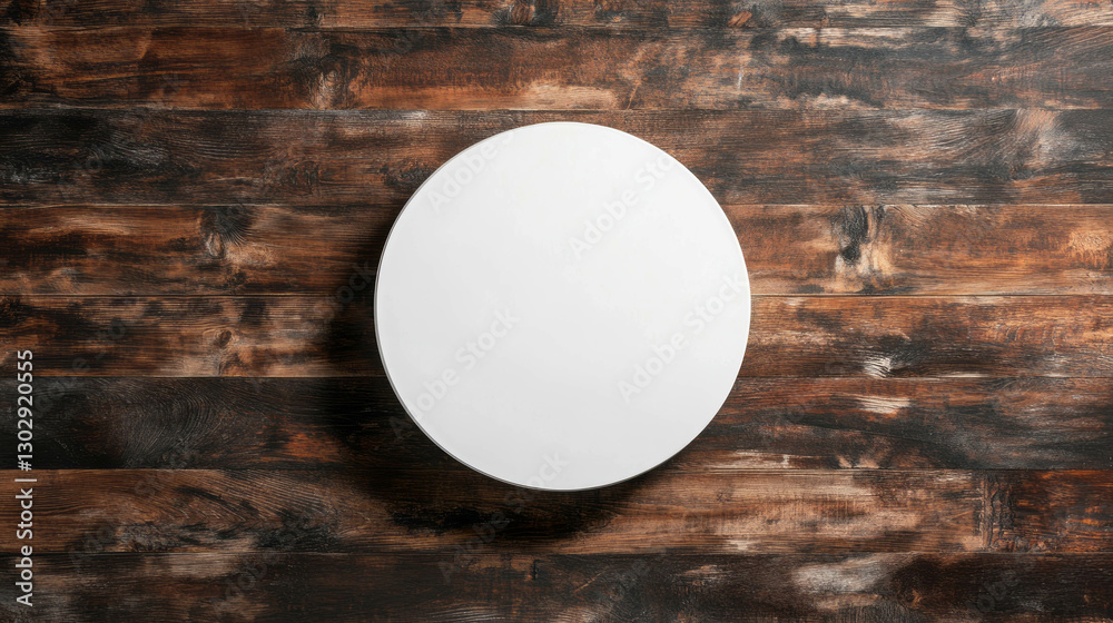 Poster minimalist white circular podium on rustic wooden surface for product display and design