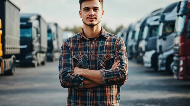 A young logistics entrepreneur standing confidently in front of a fleet of cargo trucks, symbolizing successful transportation management,