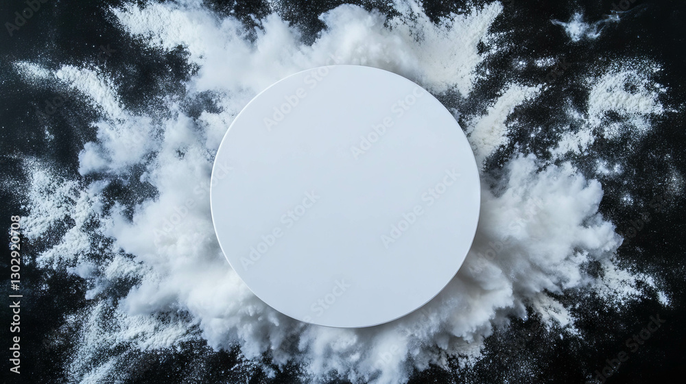 Poster white circular podium surrounded by dynamic flour burst for creative backgrounds