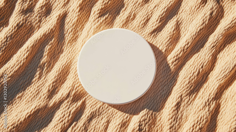 Poster minimalist white circular podium on textured sand surface for product display