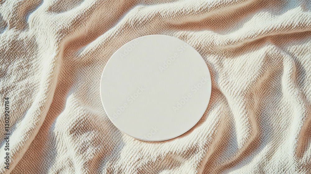 Poster minimalist white circular podium on textured fabric surface for product display