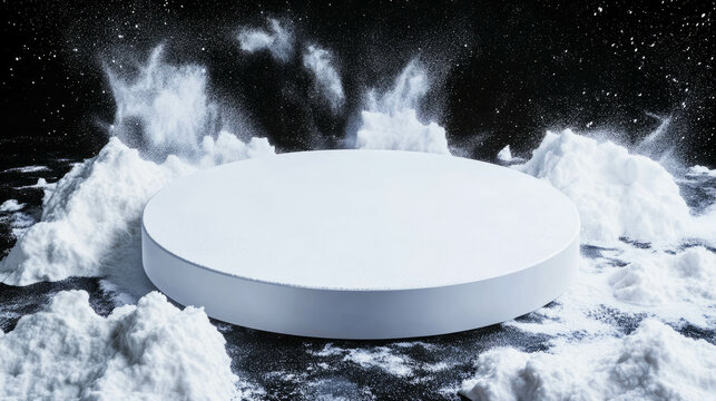 Minimalist white circular podium on snowy surface for product display