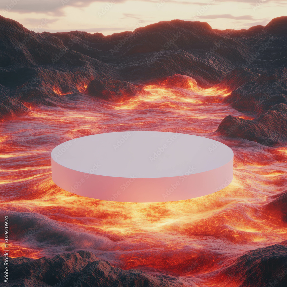 Poster futuristic white podium on glowing lava surface - design for conceptual display