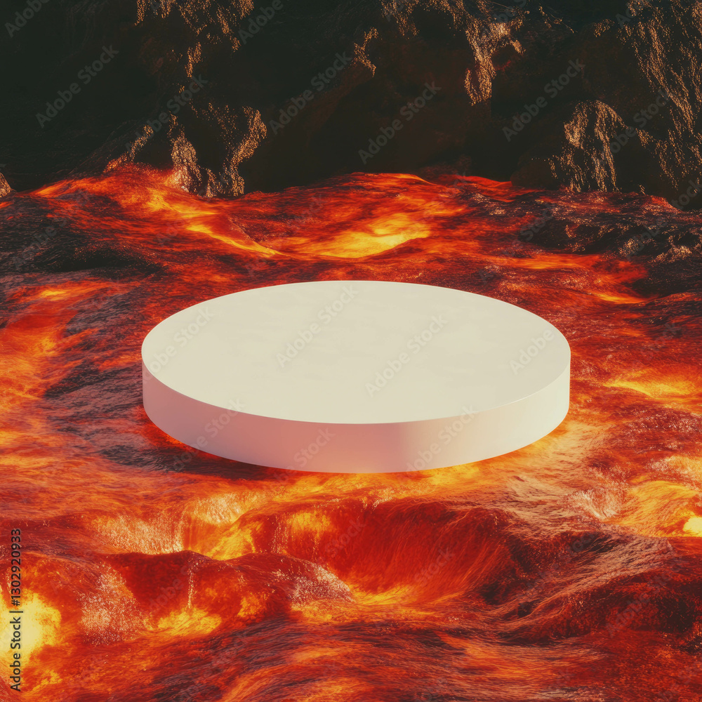 Poster minimalist white circular podium on vivid lava background for product display