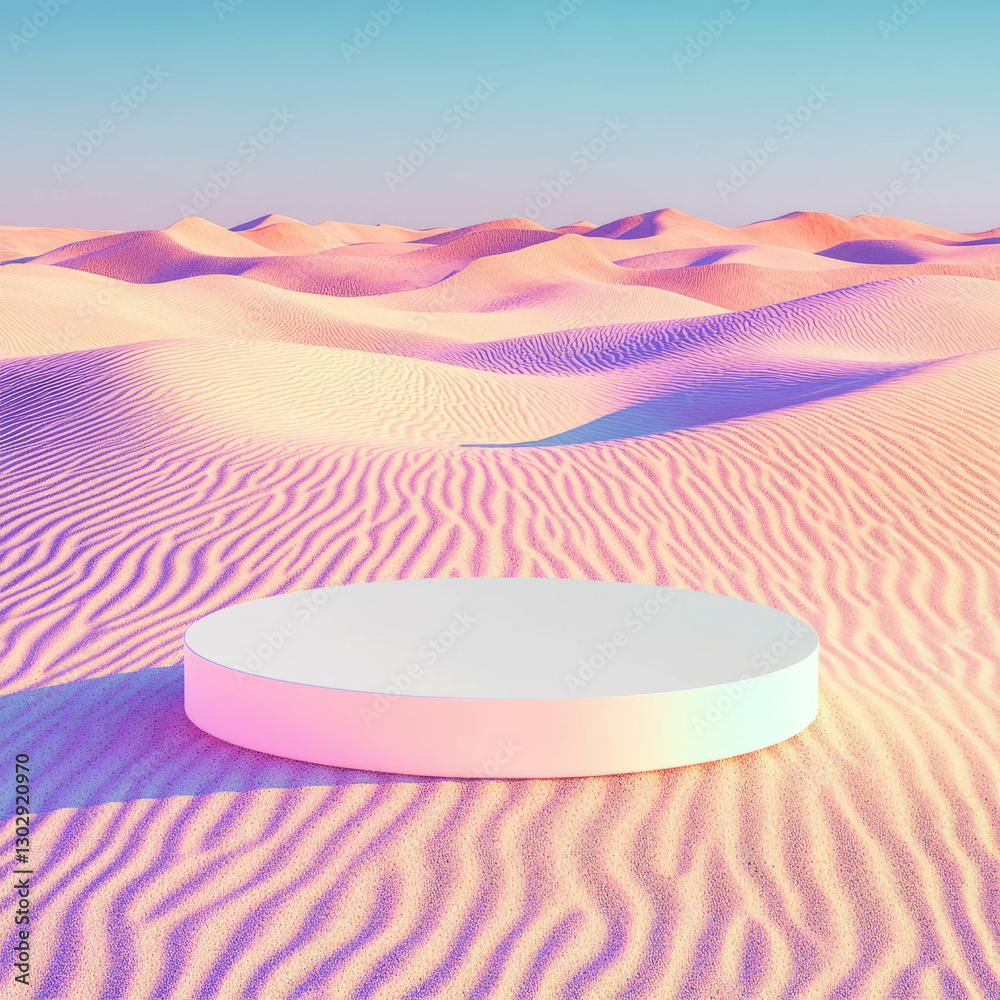 Poster minimalist white circular podium in vibrant desert sandscape for design and display concepts