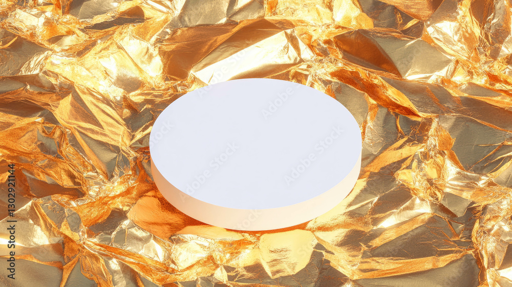 Poster minimalist white circular podium on metallic gold background for product display