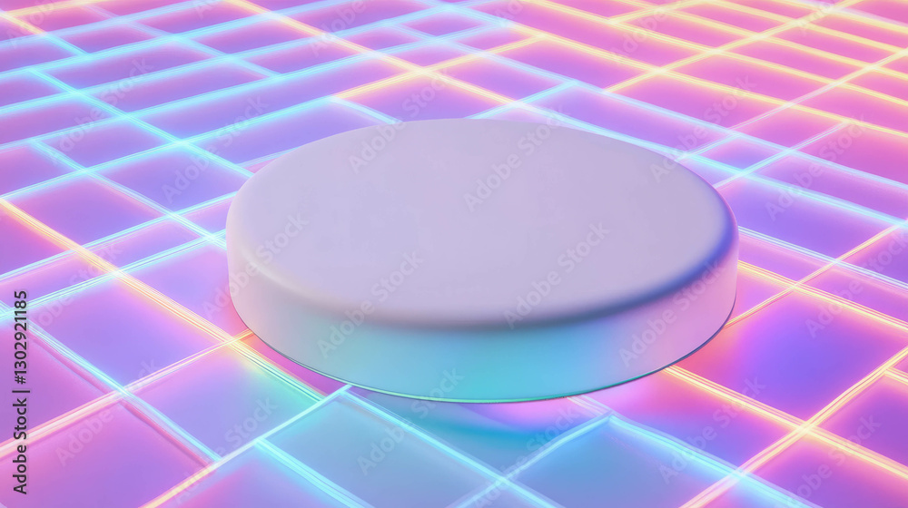 Poster futuristic neon grid with white circular podium for product display