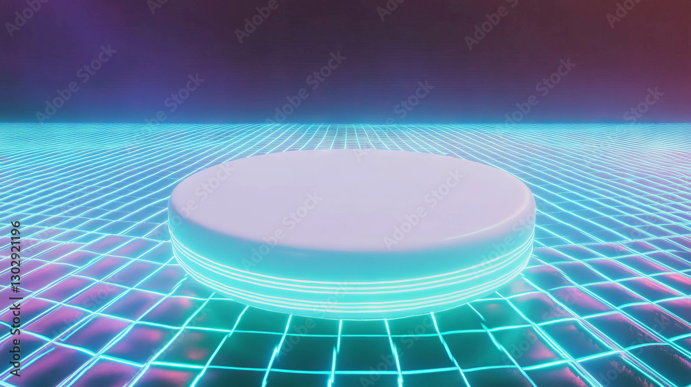 Poster futuristic neon grid with circular white podium for modern design concepts