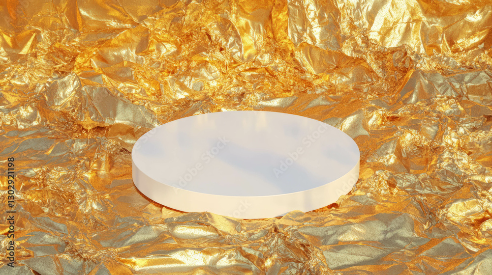 Poster white circular podium on textured gold metallic background for showcase display