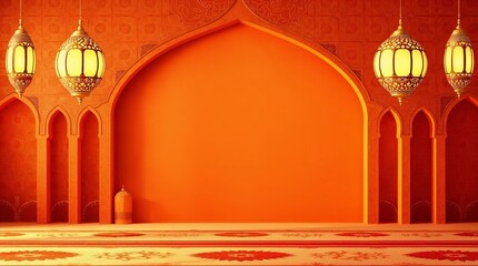 Obraz premium Orange Mosque Interior: A serene and spacious interior of a mosque, featuring rich orange walls, ornate arches, and hanging lanterns. The scene evokes a sense of peace and spirituality.