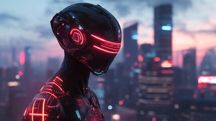 Cyberpunk Cityscape: A Futuristic Robot at Sunset
