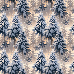 Seamless winter pattern with snow-covered pine trees