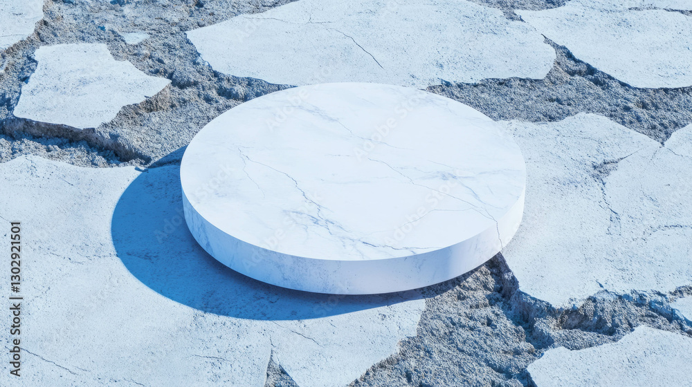 Poster white circular podium on cracked surface for design and presentation concepts