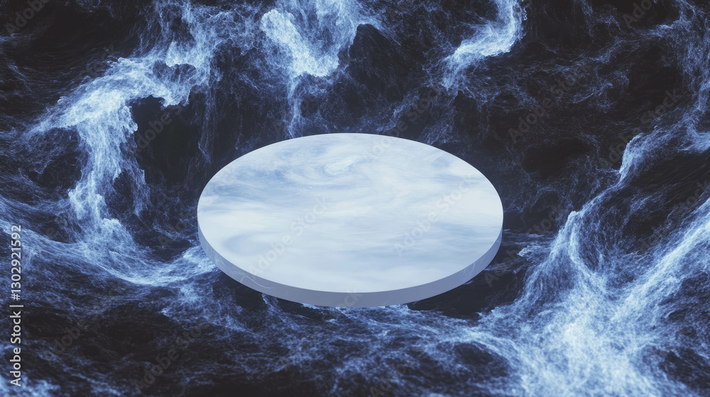 Poster futuristic white circular podium on abstract blue swirling background for design and display