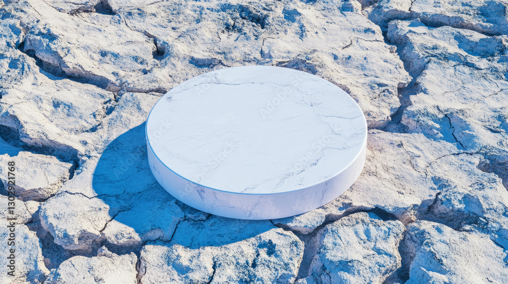 Poster modern minimalist white circular podium on cracked earth texture for design display and presentation