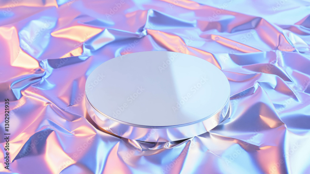 Poster White circular podium on iridescent fabric surface for display and presentation design
