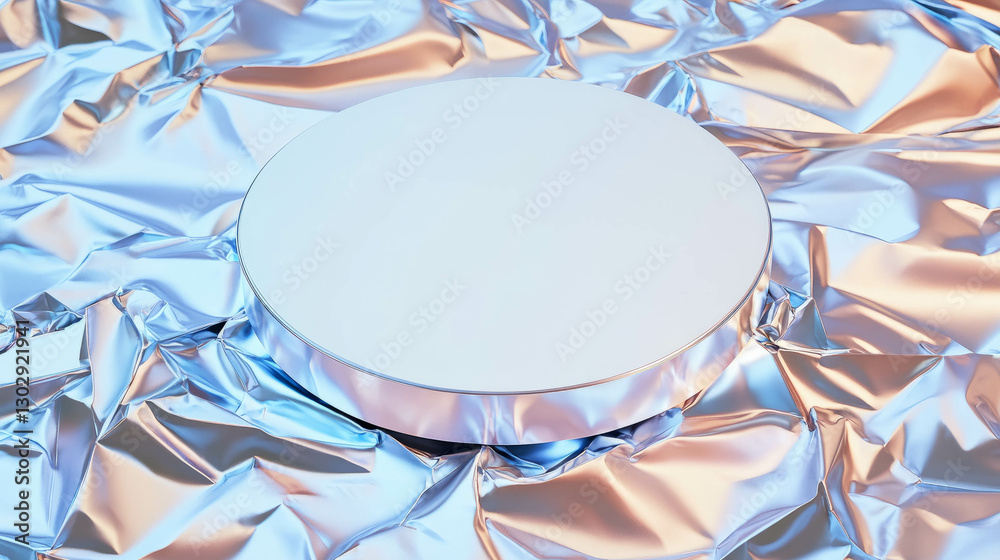 Poster minimalist white circular podium on metallic crumpled surface for product display and design