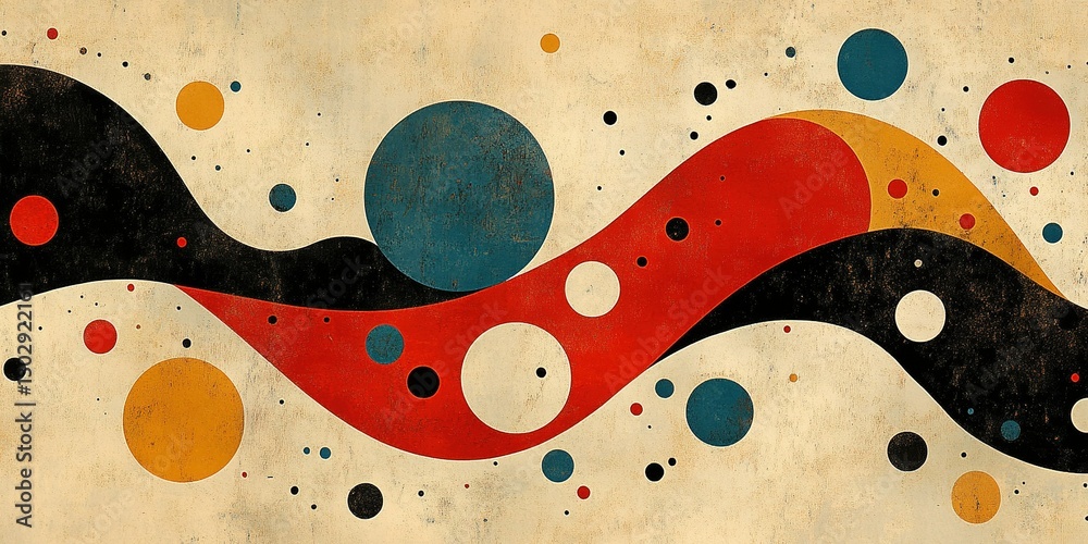 Poster colorful abstract design with circles and waves, creating a dynamic visual effect on a textured back
