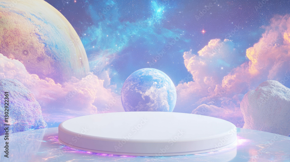 Poster ethereal cosmic backdrop with white circular podium for creative display design