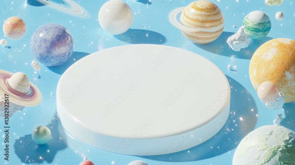 Poster celestial display with white podium and surrounding planets for creative design