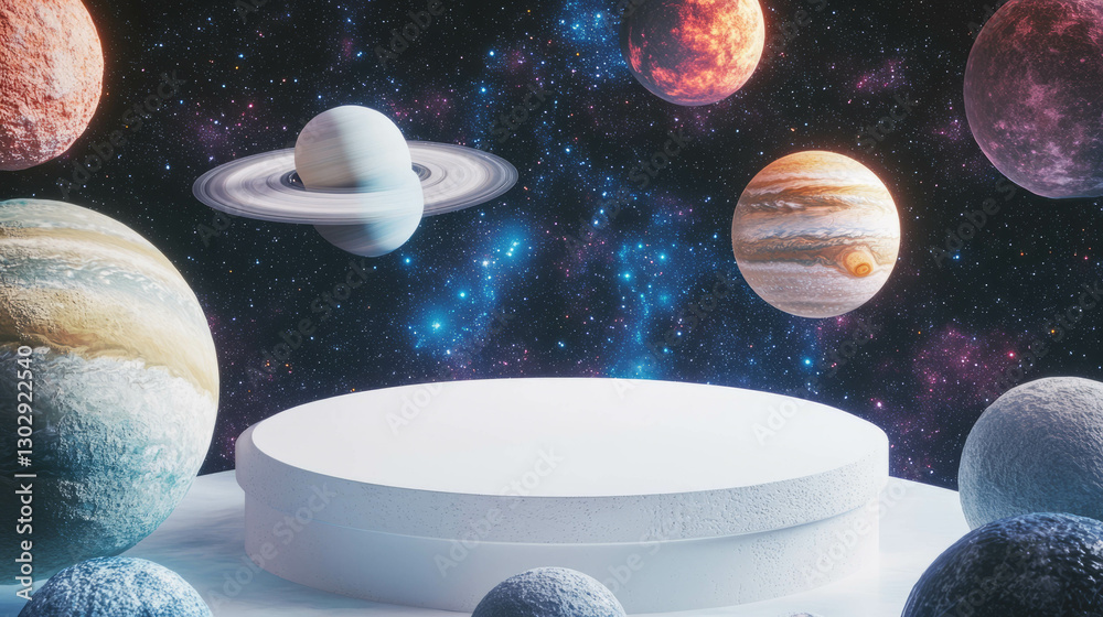 Poster futuristic white circular podium in outer space with planets
