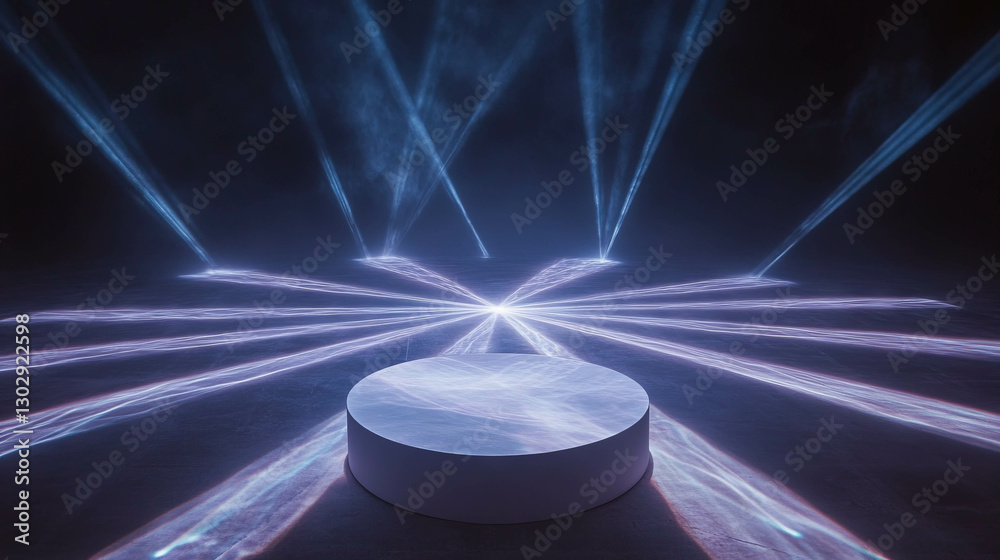 Poster futuristic white circular podium with dynamic light beams for events and presentations