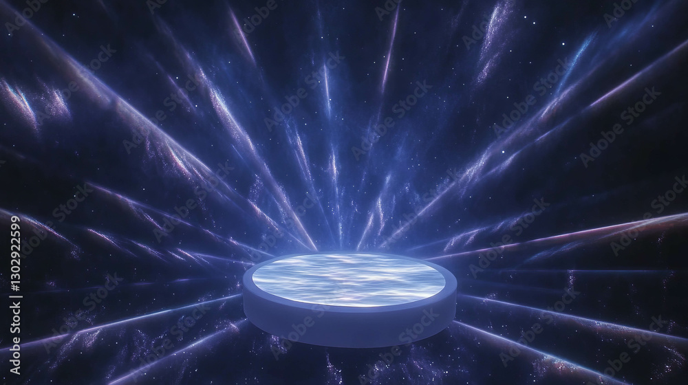 Poster futuristic circular podium with radiant light burst in a cosmic setting