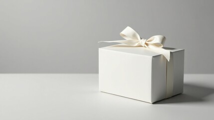 A pristine white gift box, adorned with a delicate off-white satin ribbon, rests on a minimalist surface