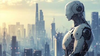 A Futuristic Cityscape with a Contemplative Robot