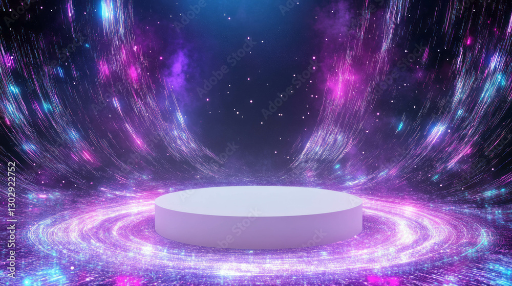 Poster futuristic white podium in cosmic nebula for event or presentation design